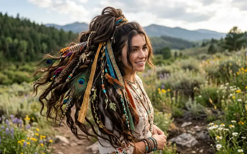 “long hair styled into dramatic crazy ponytail with props, flowing texture, outdoor lighting, high detail”