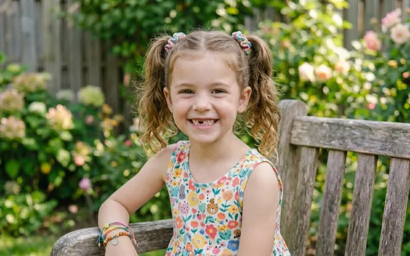 “kid with multiple small ponytails and colorful elastics, neat sections, natural daylight, realistic photo”