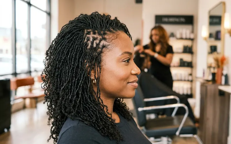 Microlocs hairstyle close-up, thin detailed locs, natural curly hair, modern salon styling.