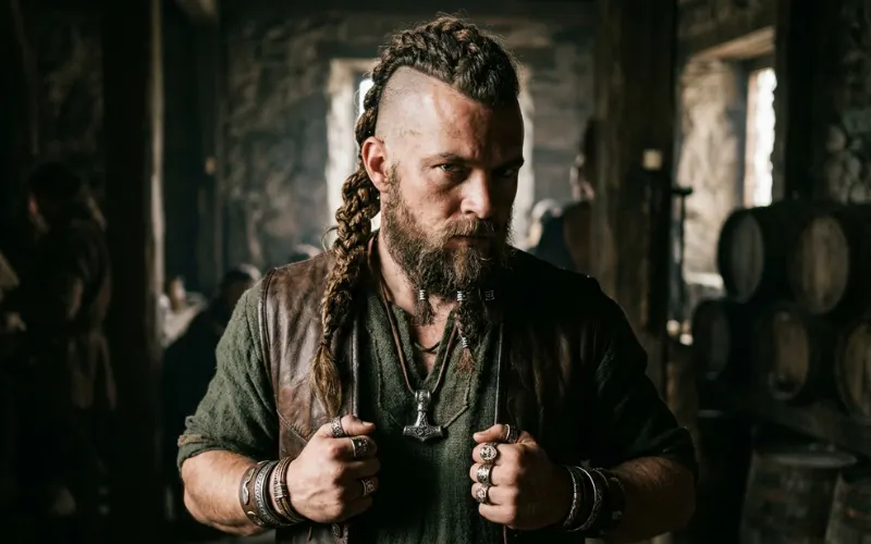 Man with shaved sides and central braided mohawk, bold Viking look, high contrast lighting, edgy style.