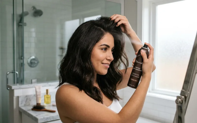 Dark hair model using tinted dry shampoo, no white residue beauty concept