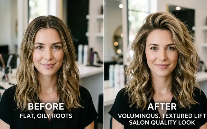 Voluminous hair roots before and after dry shampoo effect, salon quality look