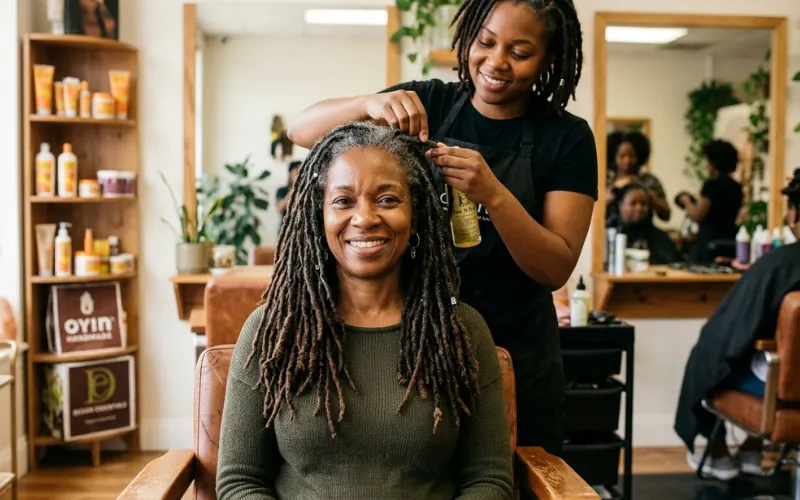 Natural permanent dreadlocks transformation, textured hair, mature loc journey, realistic salon portrait.