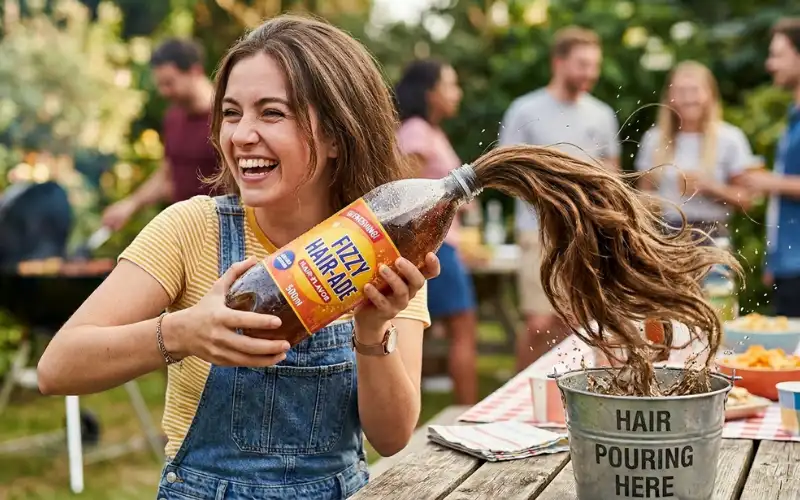 “ponytail pulled through soda bottle creating pouring effect, humorous realistic image, sharp detail”