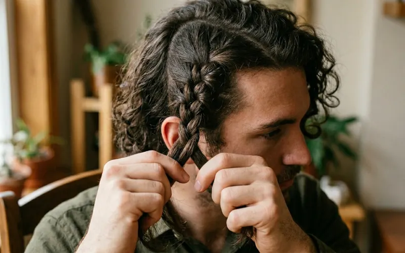 Hands braiding side section of male hair, close-up, three-strand braid technique, natural lighting, tutorial style.