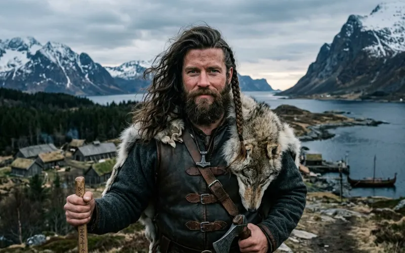 Man with Viking single side braid from temple to shoulder, loose hair, natural rugged look, outdoor Nordic setting.