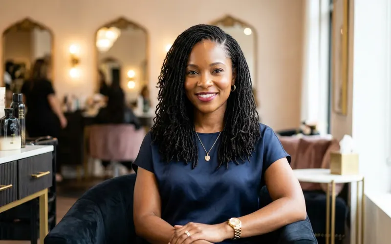 Elegant woman with sisterlocks hairstyle, tiny uniform locs, luxury salon look, high-detail hair texture.