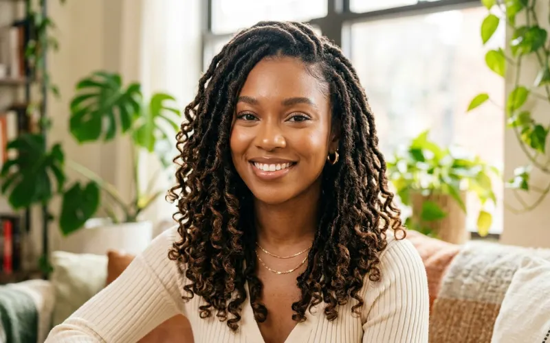 Soft locs hairstyle, lightweight natural-looking faux locs, soft curls, trendy beauty portrait.