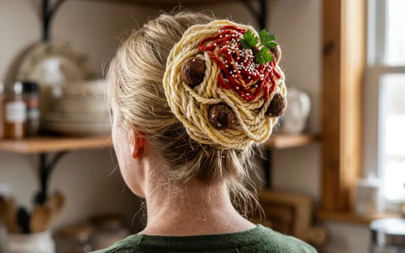 “bun styled as spaghetti with yarn strands and small balls, funny food-inspired hair, realistic close-up”