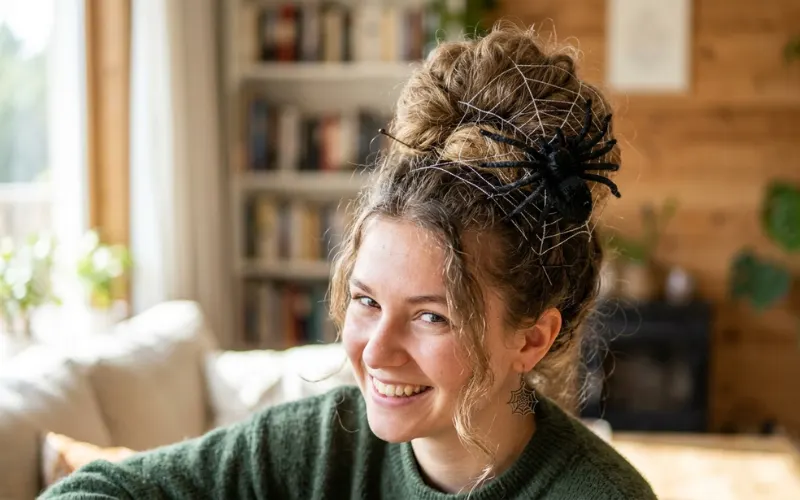 “hair bun with toy spider and web effect, slightly spooky but playful, high detail, natural lighting”