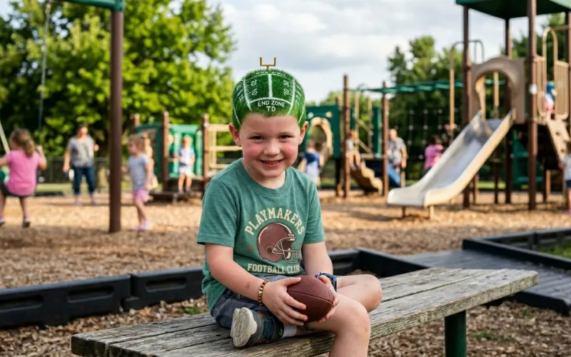 “kid with green hair styled like football field with white lines, outdoor playground, realistic lighting”