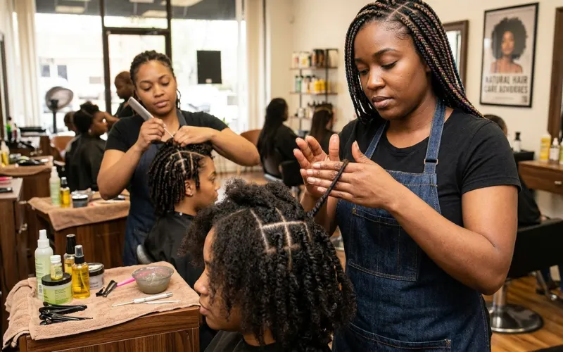 Hair stylist creating locs, palm rolling, comb coils, interlocking techniques, salon close-up.