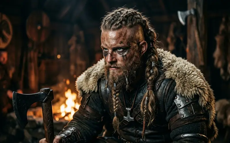 Ragnar Lothbrok inspired hairstyle, dramatic lighting, Nordic warrior vibe, cinematic portrait.