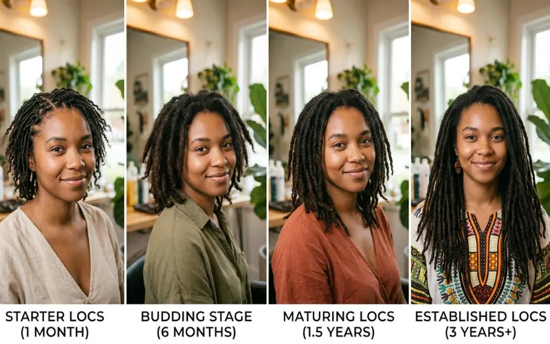 Loc stages transformation collage, starter locs to mature dreadlocks, realistic natural hair progression, salon lighting.