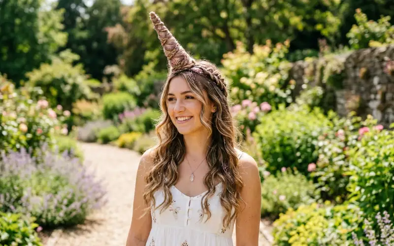 “girl with unicorn horn hairstyle wrapped in hair, glitter accents, outdoor light, realistic photo”