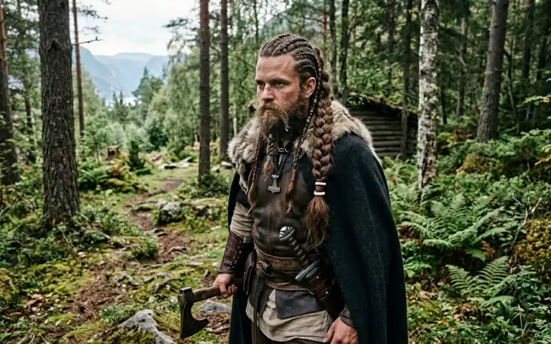 Long-haired man with full Viking braids, braided ponytail, forest or Nordic environment.