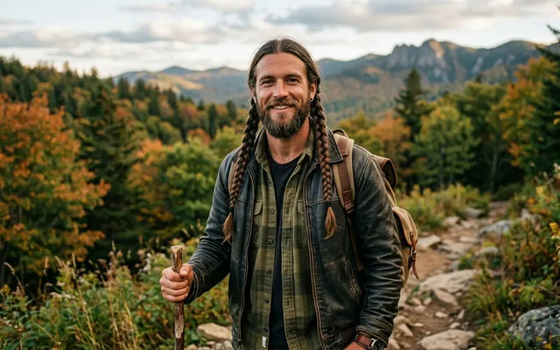 Man with medium length hair double braids, natural outdoor background, rugged style.