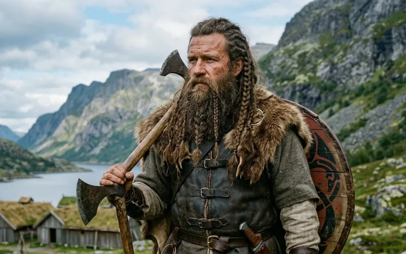 Viking man with braided hair and beard, rugged look, Scandinavian background.