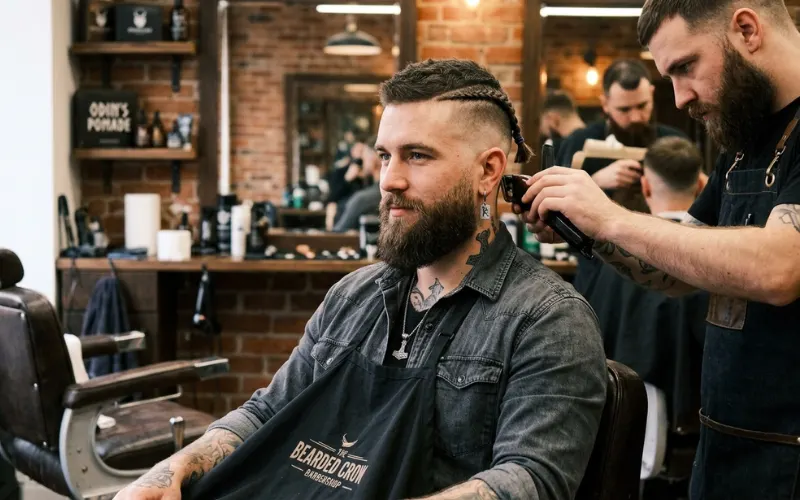 Man with short hair mini braid and fade, modern Viking style, clean barbershop setting.