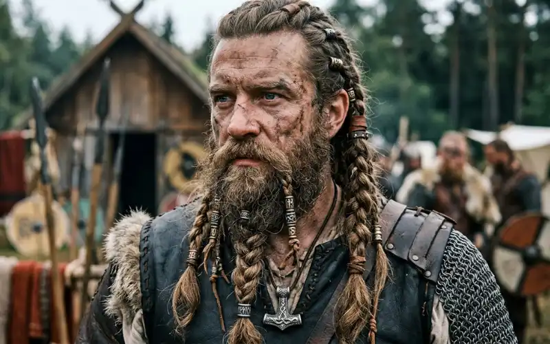 Man with braided beard and hair, close-up, masculine Viking look, detailed texture.