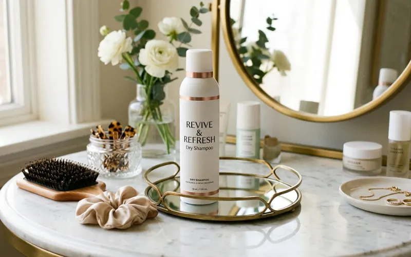 Premium dry shampoo bottle highlighted on vanity table, fresh hair styling concept, elegant beauty scene