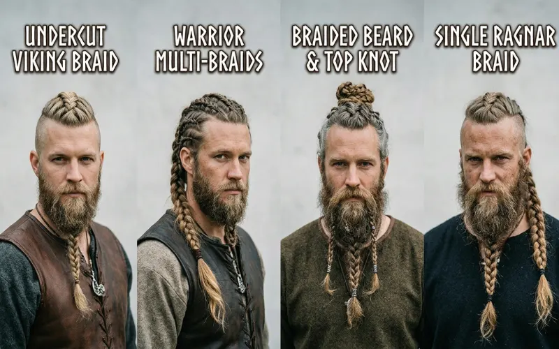 different Viking braid types, labeled styles, clean minimal background.