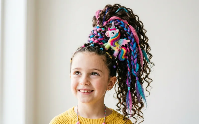 “child with creative hairstyle showing height, color, and prop (high ponytail with toy and color streaks), clean background, sharp focus, natural lighting”