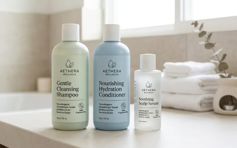 Gentle hair care products with fragrance-free packaging, soft medical wellness aesthetic