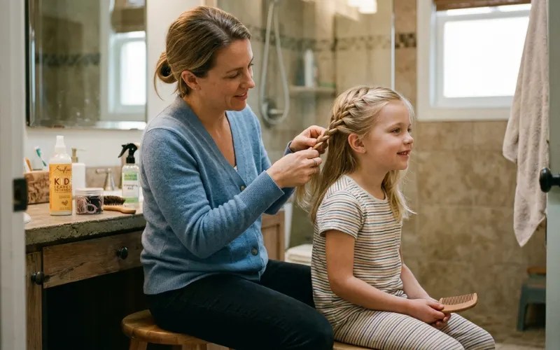 “parent carefully styling child’s hair safely, avoiding spray near eyes, gentle products visible, realistic candid photo”
