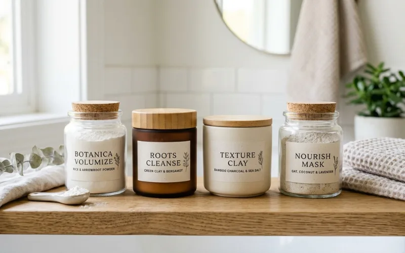 Clean ingredient hair products with powder containers, minimalist skincare style