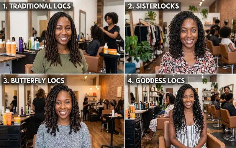 Person with multiple loc styles comparison, traditional locs, sisterlocks, butterfly locs, goddess locs, salon background.