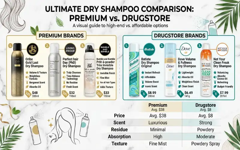 Multiple dry shampoo brands comparison layout, premium versus drugstore products
