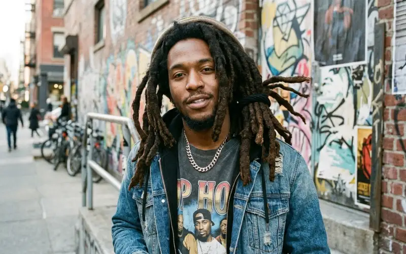 Chunky wick locs hairstyle, thick congo locs, bold hip-hop inspired hair, urban portrait.