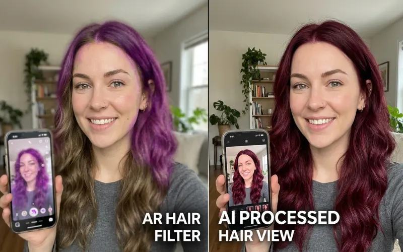 Split-screen comparison of AR hair filter vs AI processed hair color preview.