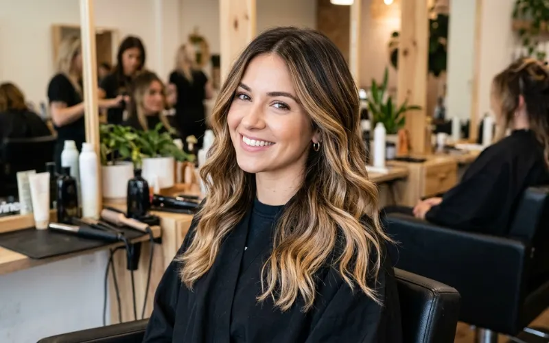 Realistic ombre and highlight hair preview on brunette woman, partial hair recoloring demonstration.