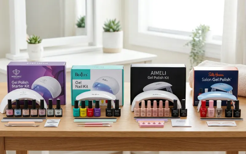 Multiple gel nail kits arranged side by side on clean table, beauty comparison concept.