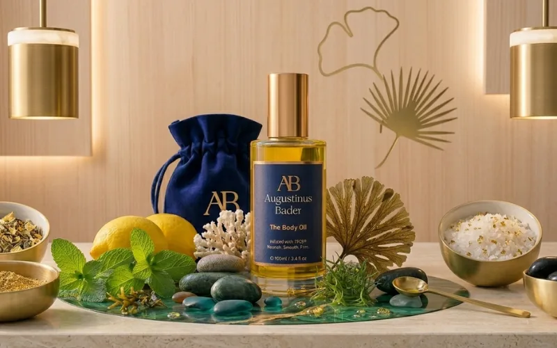 High-end body oil bottle, spa setting, elegant gold accents, skincare advertisement style.