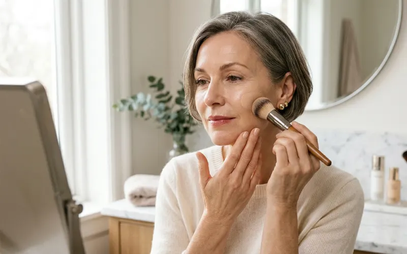 Mature woman applying foundation with brush and fingertips, smooth glowing skin.