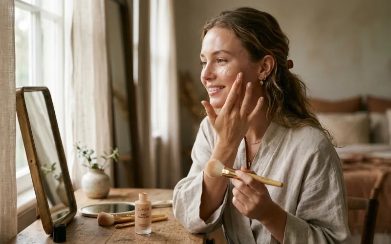 Woman applying foundation with fingertips and finishing with makeup brush, natural beauty lighting.