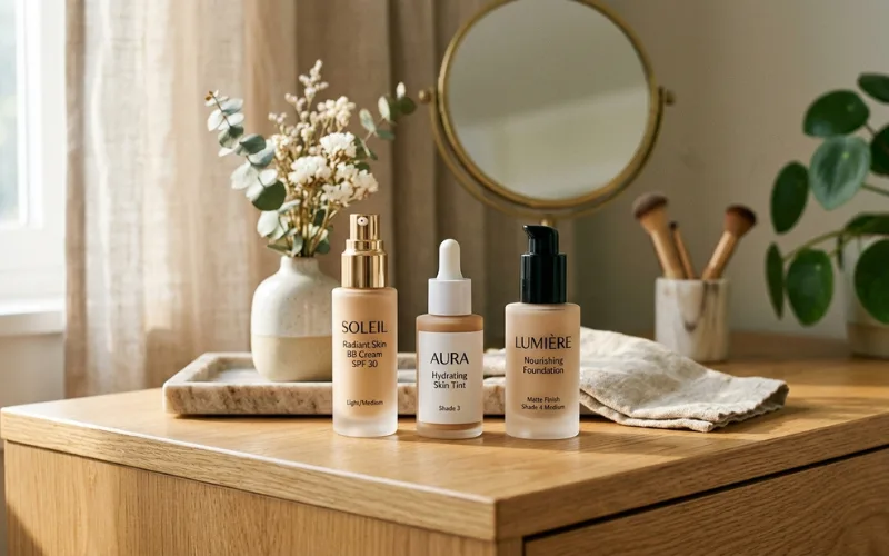 BB cream, skin tint, and foundation bottles displayed together on vanity, natural light.