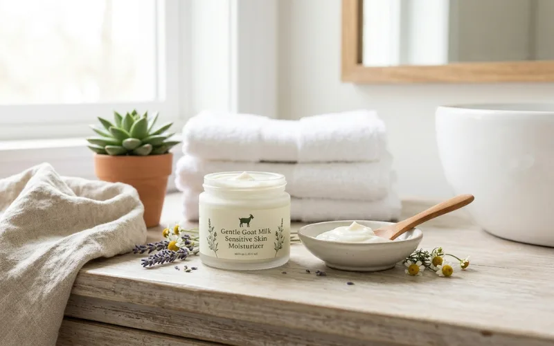 Sensitive skin moisturizer with goat milk ingredients, calm skincare setup, soothing beauty scene.