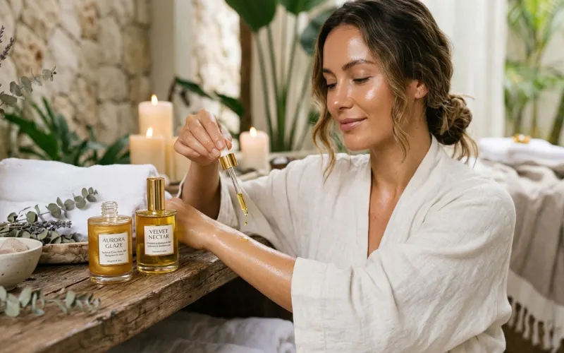 Woman applying body oil to her arm in a relaxing spa-like setting.