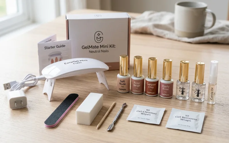 Compact budget gel nail kit with neutral polish shades and mini lamp.