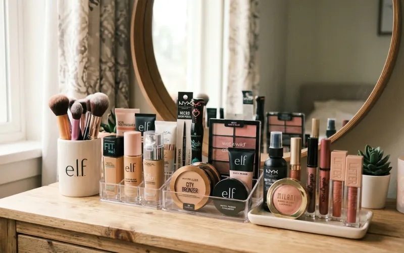 Affordable makeup products arranged neatly on vanity.
