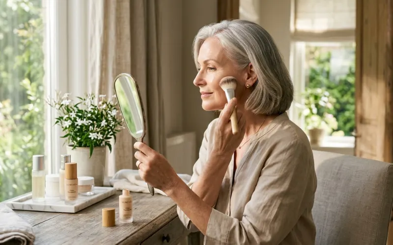 Elegant mature woman applying clean foundation in natural daylight.