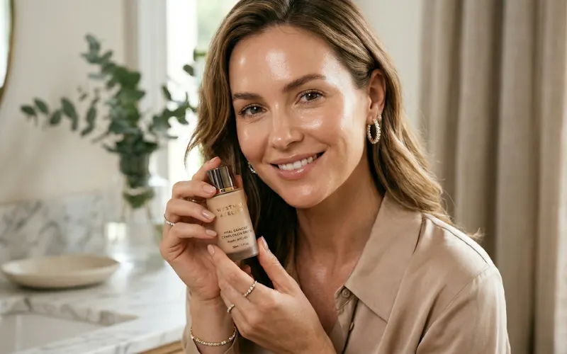 Mature woman holding foundation bottle with glowing dewy skin indoors.