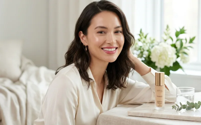 Woman with flawless full-coverage foundation and natural finish.