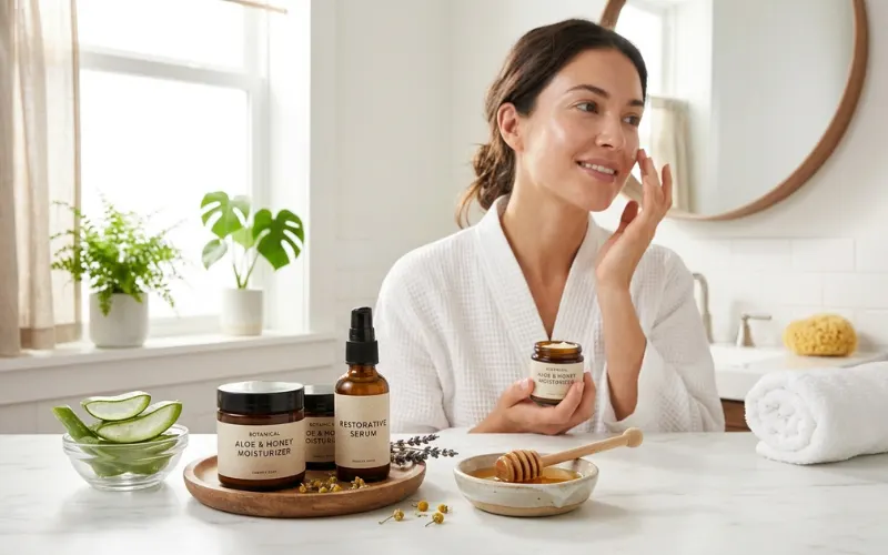 Natural skincare products, luxury moisturizer jars, aloe vera, honey healthy female skin, bright bathroom.
