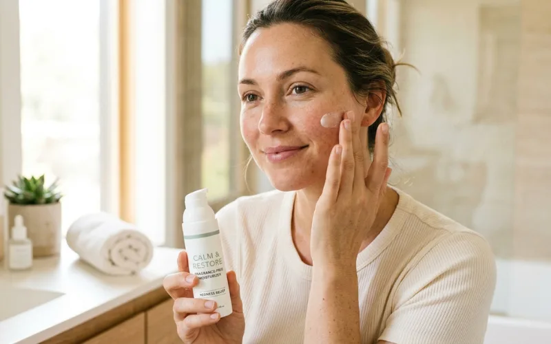 Woman with calm healthy skin, fragrance-free moisturizer, redness relief skincare concept.