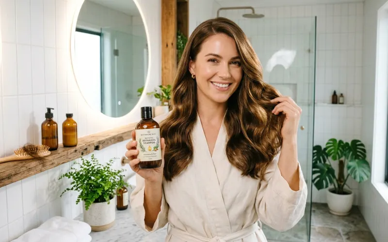 Smiling woman in a bright bathroom holding a natural shampoo bottle and showing her long, healthy, shiny hair.